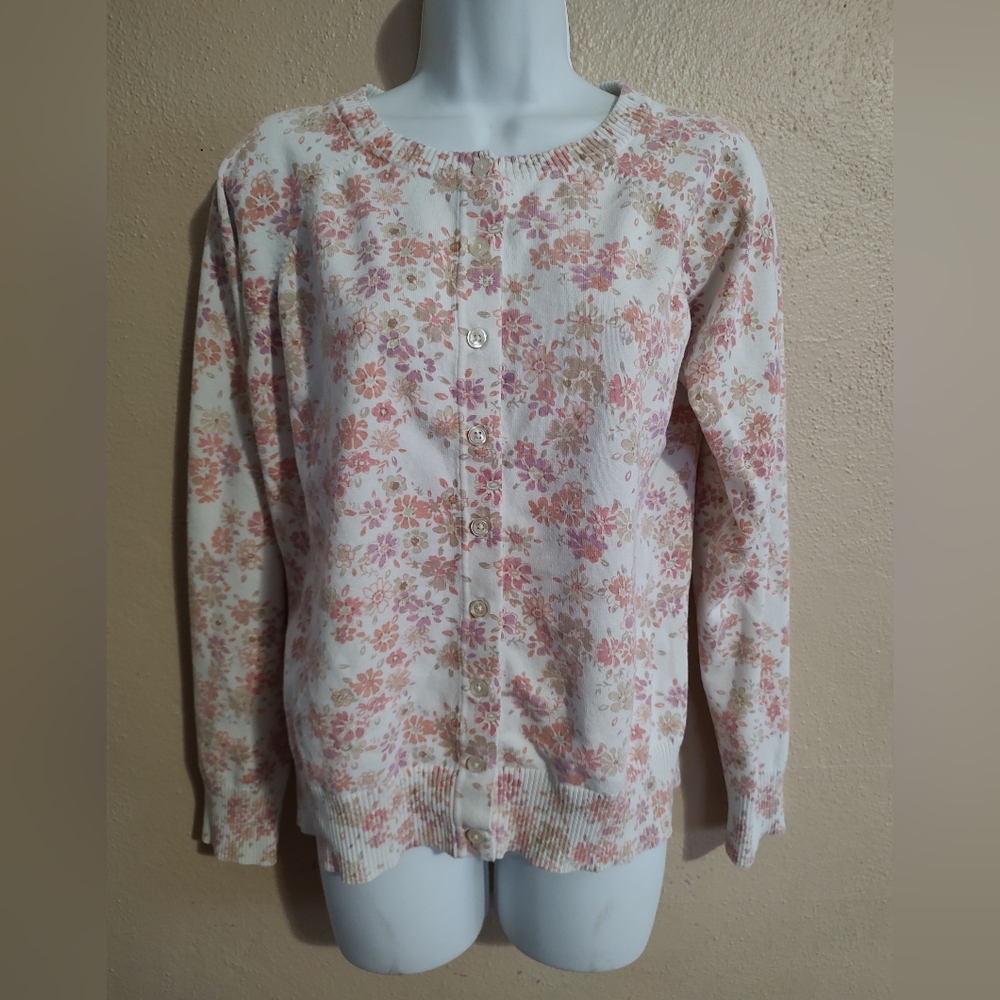 Pink Purple & White Floral Print Spring Cardigan Basic Editions SZ Small Medium - Picture 1 of 10